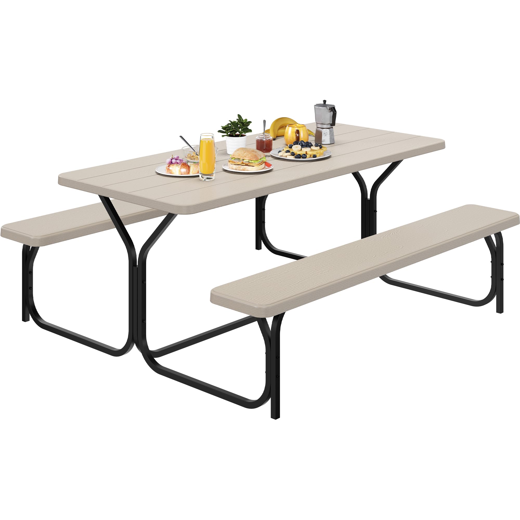 Yitahome 6Ft Outdoor Picnic Table With Wood-Like Tabletop, Sturdy Steel Frame And Umbrella Opening, Heavy Duty Picnic Table Ideal For Yard, Patio, Lawn Gatherings, Light Brown